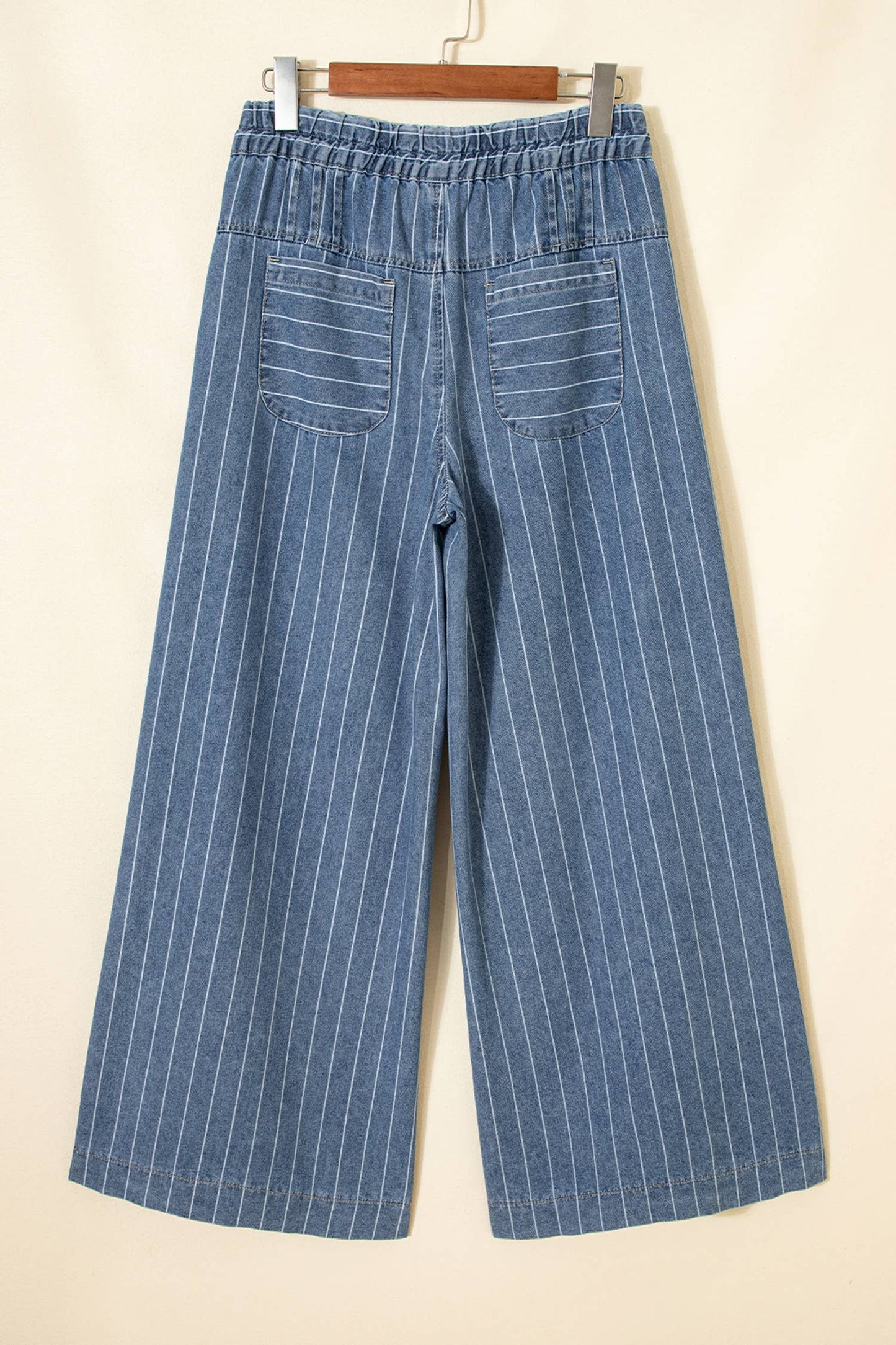 Stripe Button Pleated Drawstring Waist Casual Wide Leg Jeans: Sky Blue / 8