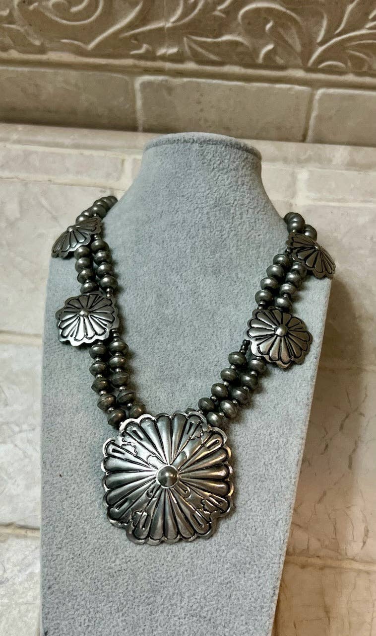 Silver-Plated Two Strand Brass Concho Necklace