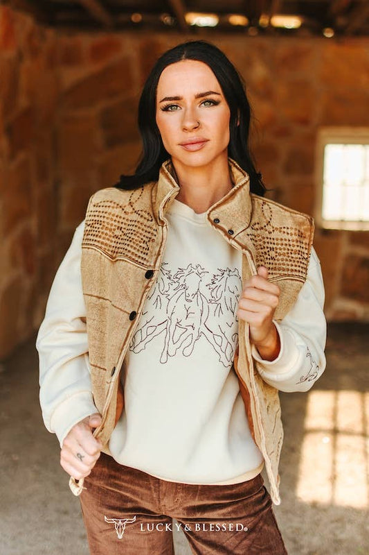 Camel Denim Puffer Studded Button Down Embroidered Vest