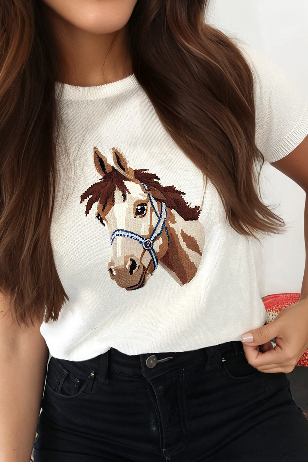 Western Wild West Horse Head Printed Short Sleeve Sweater