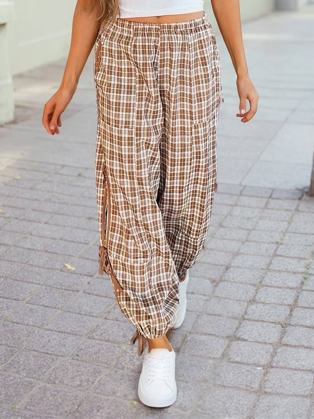 Plaid Elastic Waist Bow Tie Contrast Detail Jogger Pants