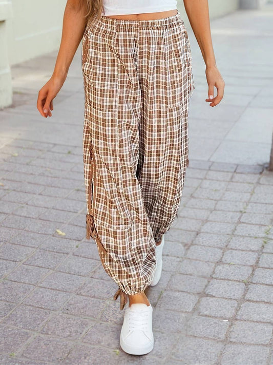 Plaid Elastic Waist Bow Tie Contrast Detail Jogger Pants