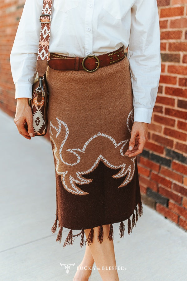 Brown Aztec Knit Sweater Fringe Back Slit Skirt