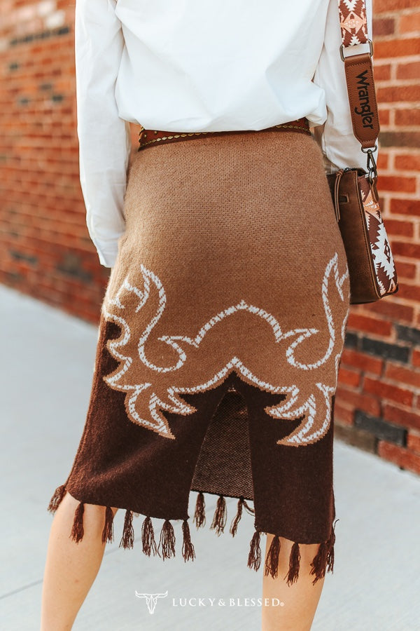 Brown Aztec Knit Sweater Fringe Back Slit Skirt