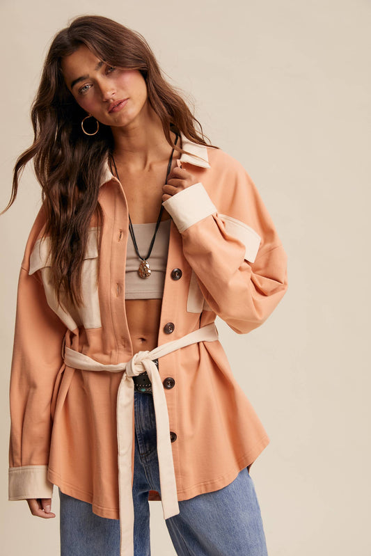 Contrast Belted Shirt Jacket Shacket