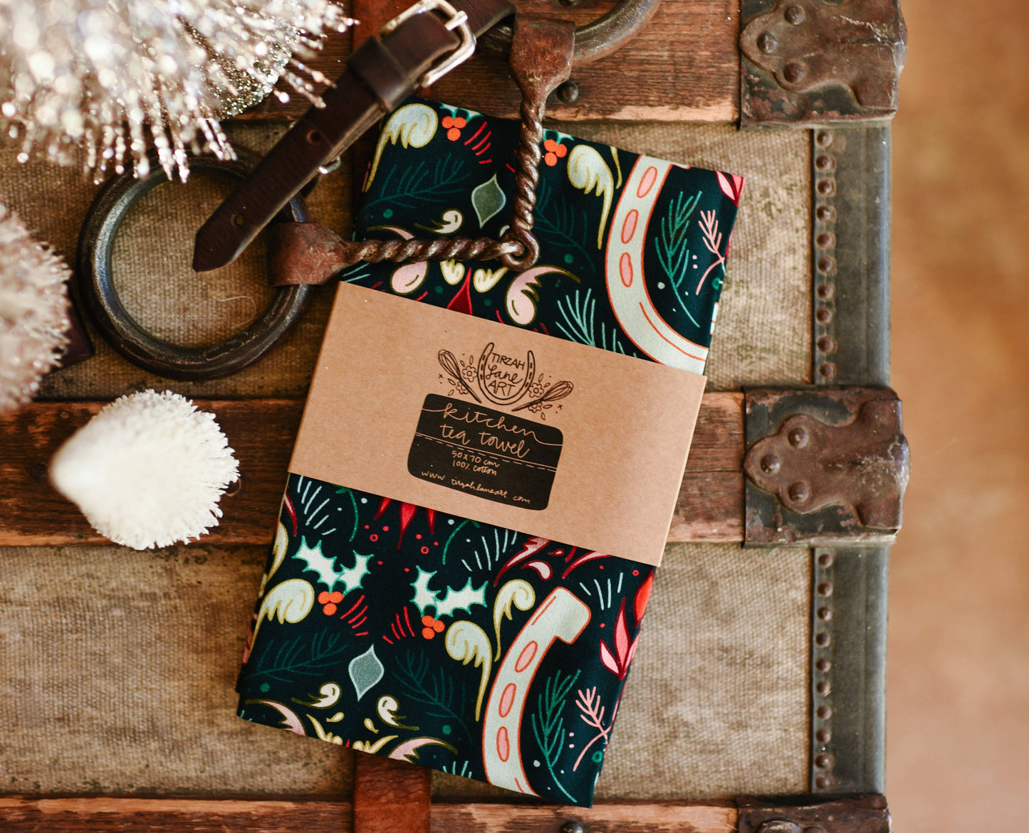 Holly Horseshoe Christmas Tea Towel - Holiday Gift