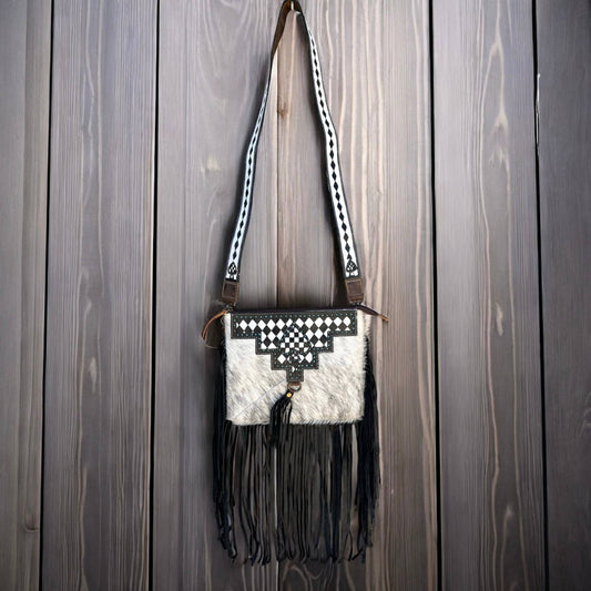 Spade checker tooled & cowhide crossbody bag 