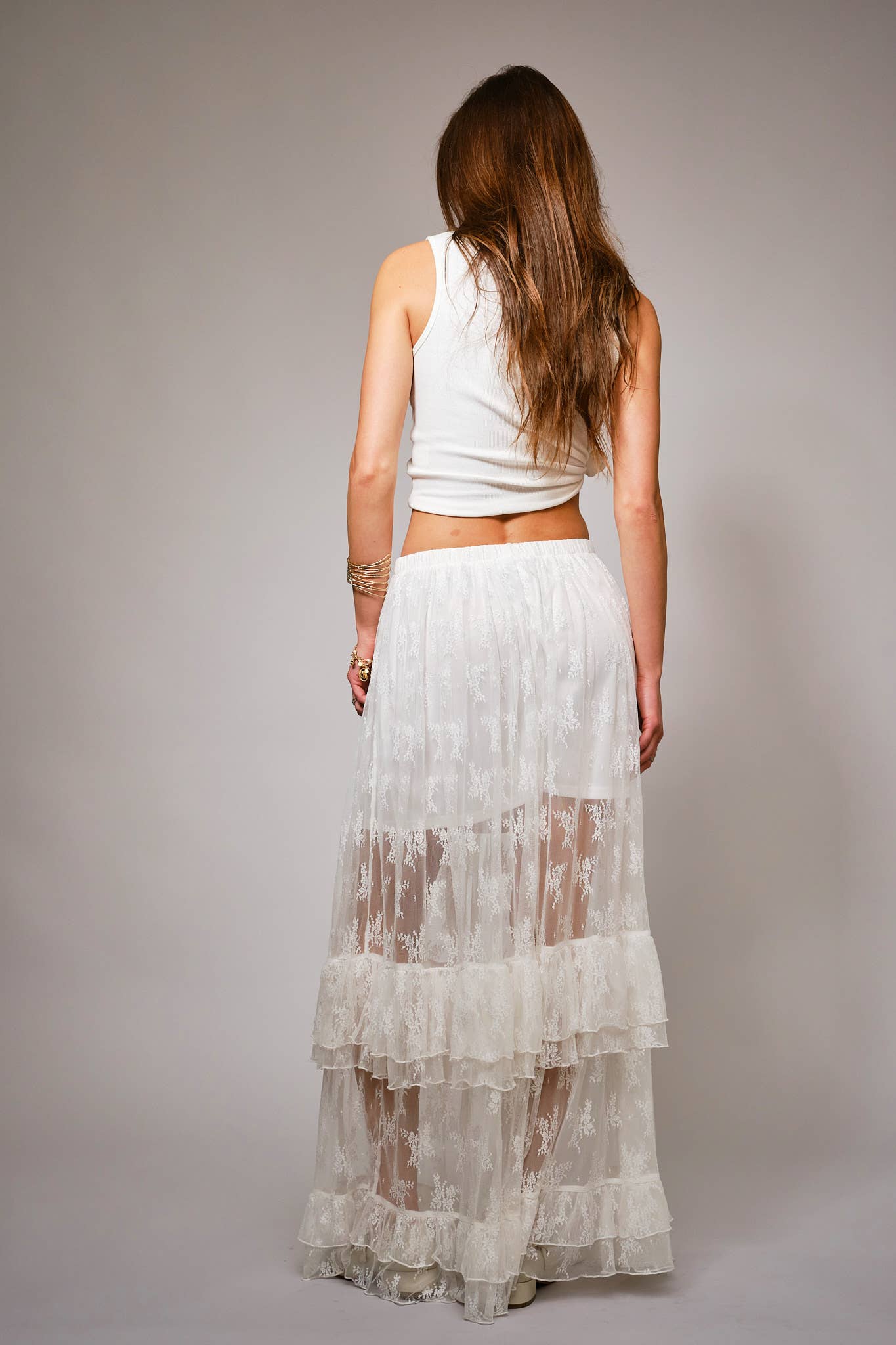 37108S - Sheer Lace Tiered Maxi Skirt: OFF WHITE