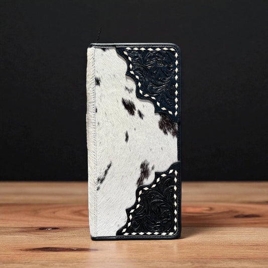 Black tooled leather & cowhide jewelry wallet 