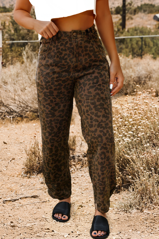 Western Clear Seam Detail Patchwork Leopard Print Jeans