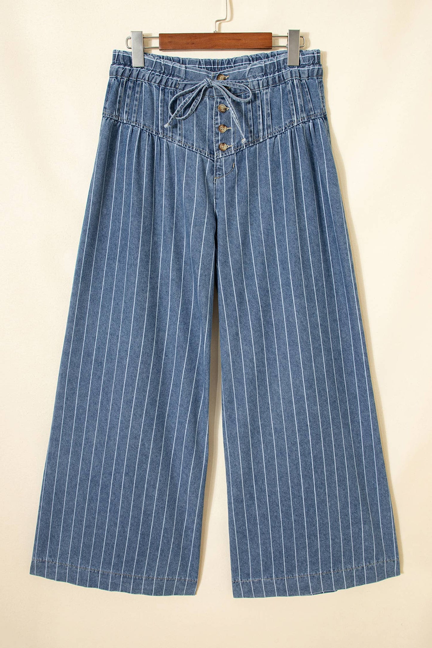 Stripe Button Pleated Drawstring Waist Casual Wide Leg Jeans: Sky Blue / 8