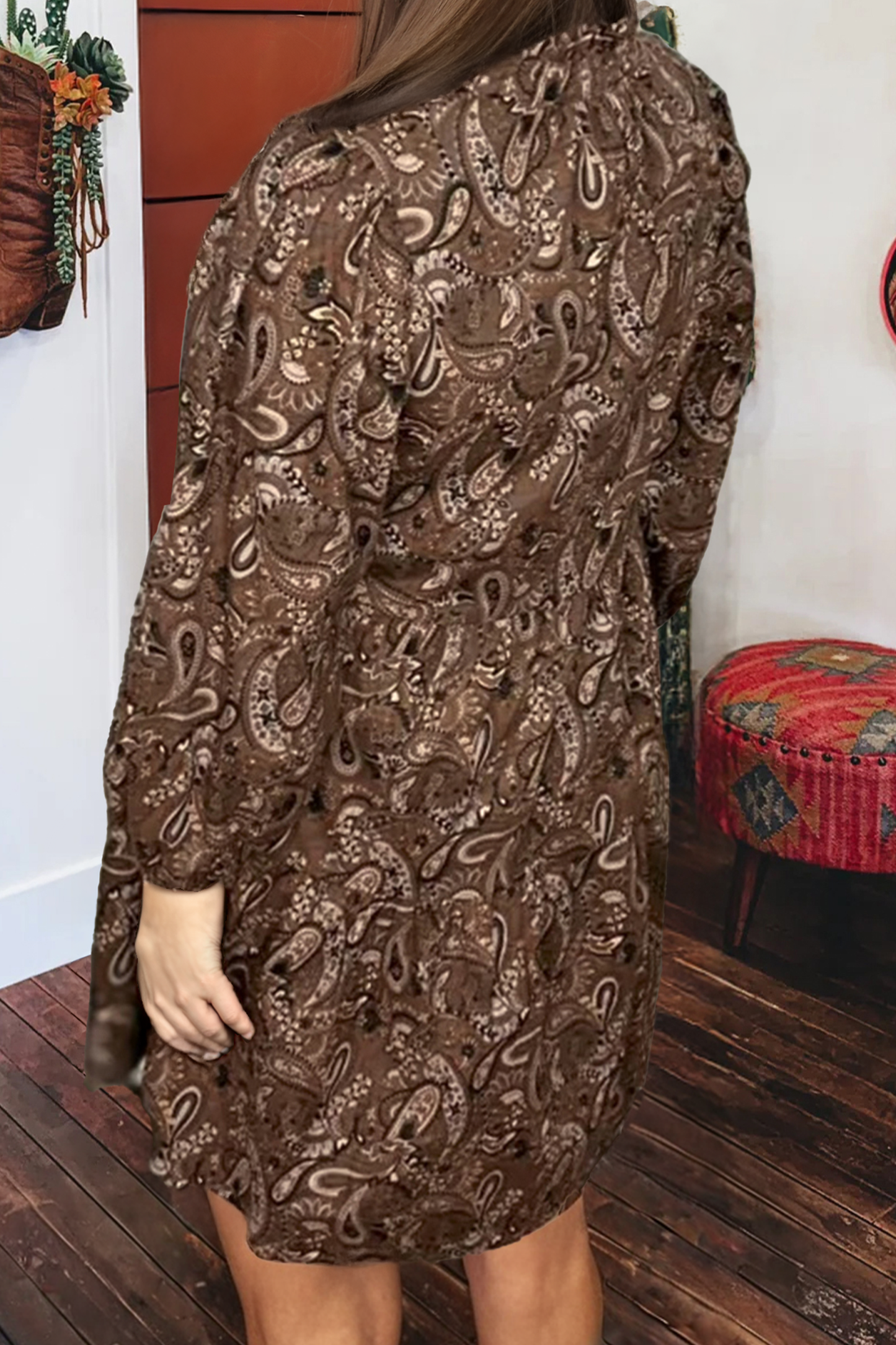 Boho Paisley Half Buttons Puff Sleeve Flowy Short Dress