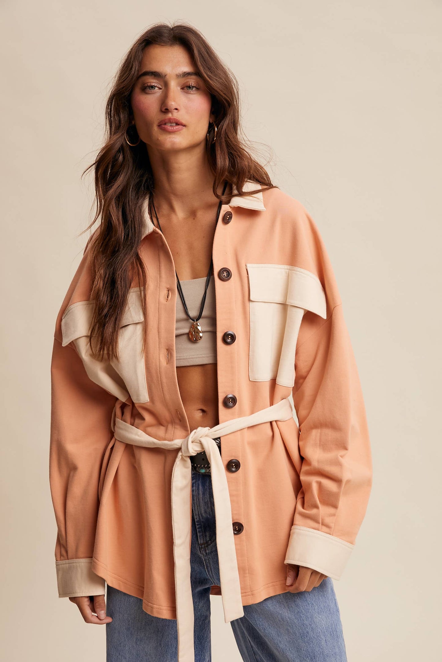 Contrast Belted Shirt Jacket Shacket