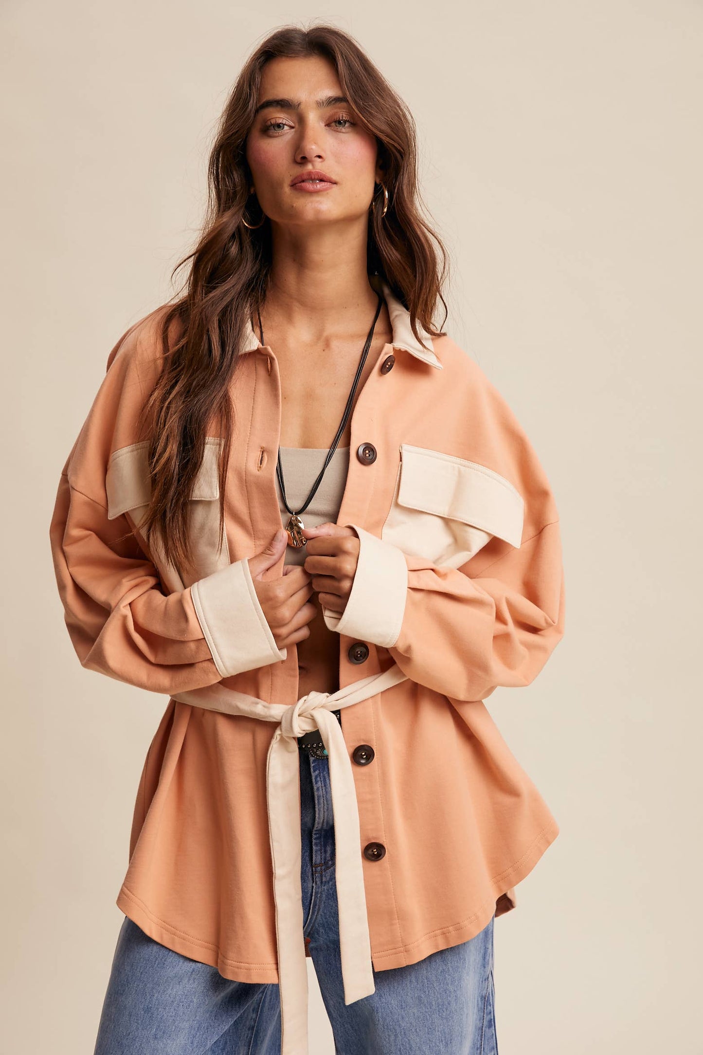 Contrast Belted Shirt Jacket Shacket