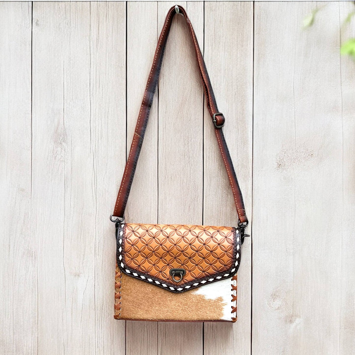 Lily tooled leather & cowhide crossbody bag 