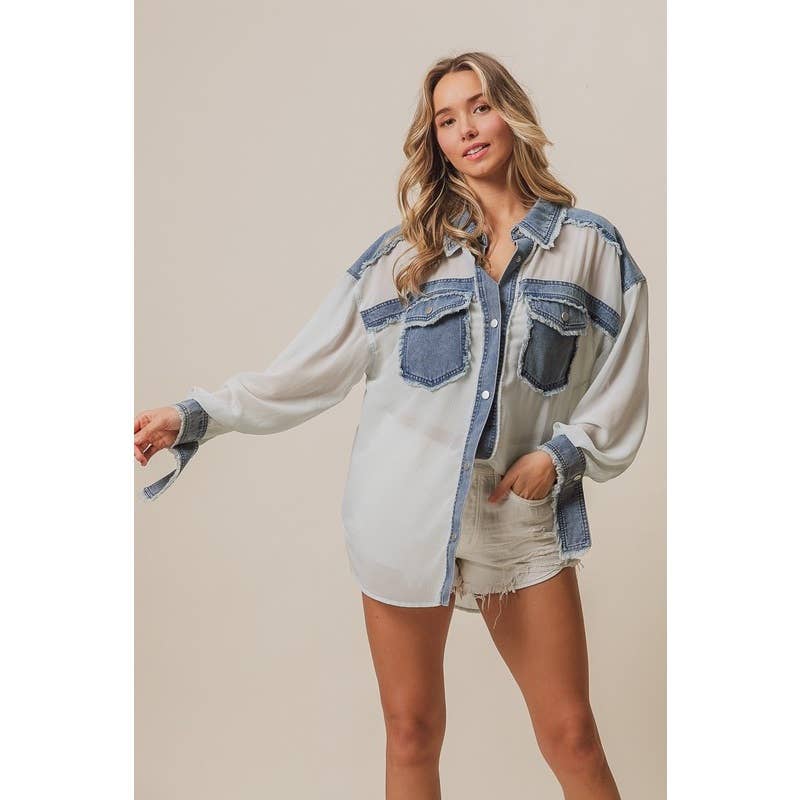 Frayed Edge Denim Contrast Chiffon Jacket