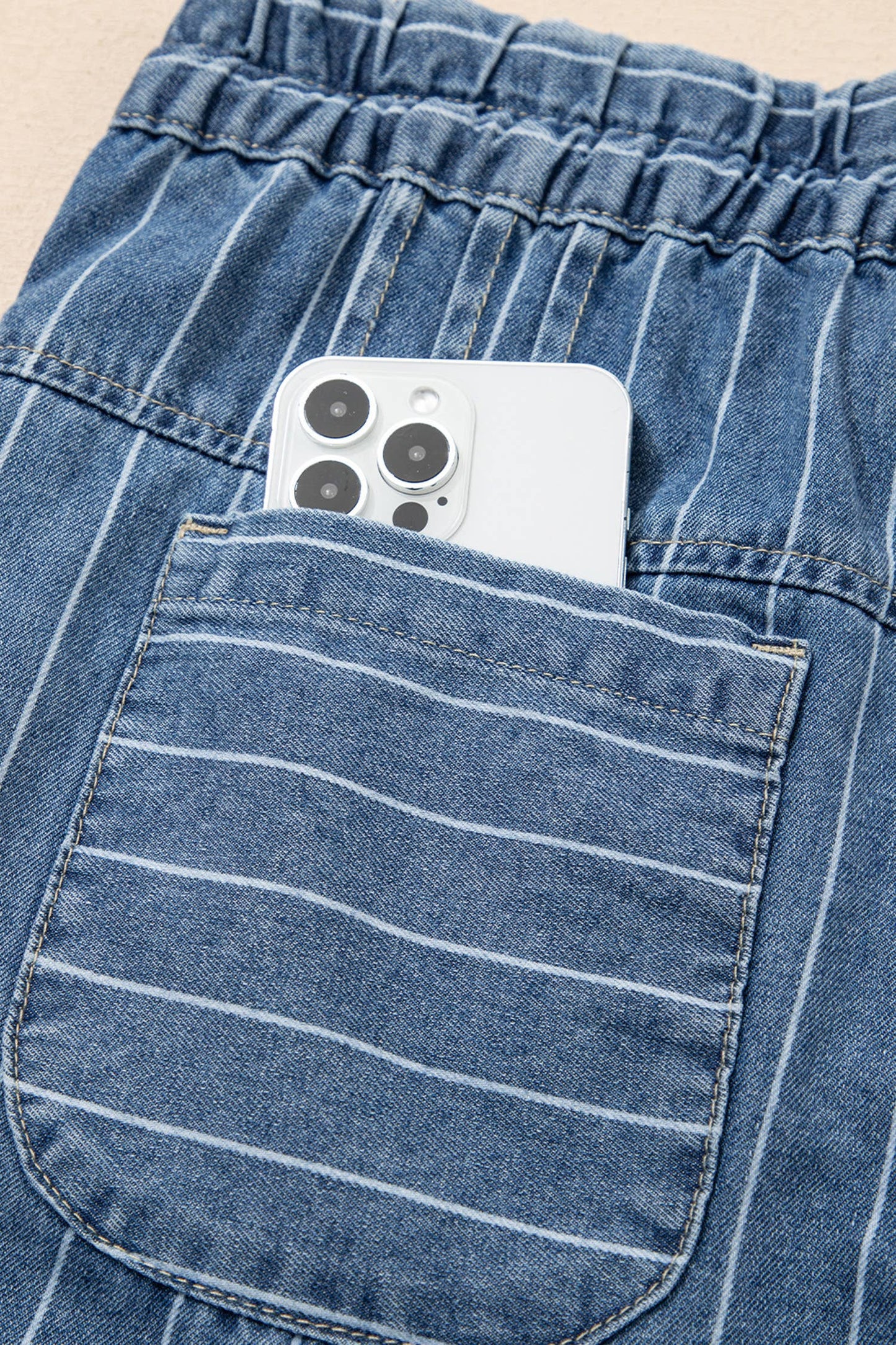 Stripe Button Pleated Drawstring Waist Casual Wide Leg Jeans: Sky Blue / 8