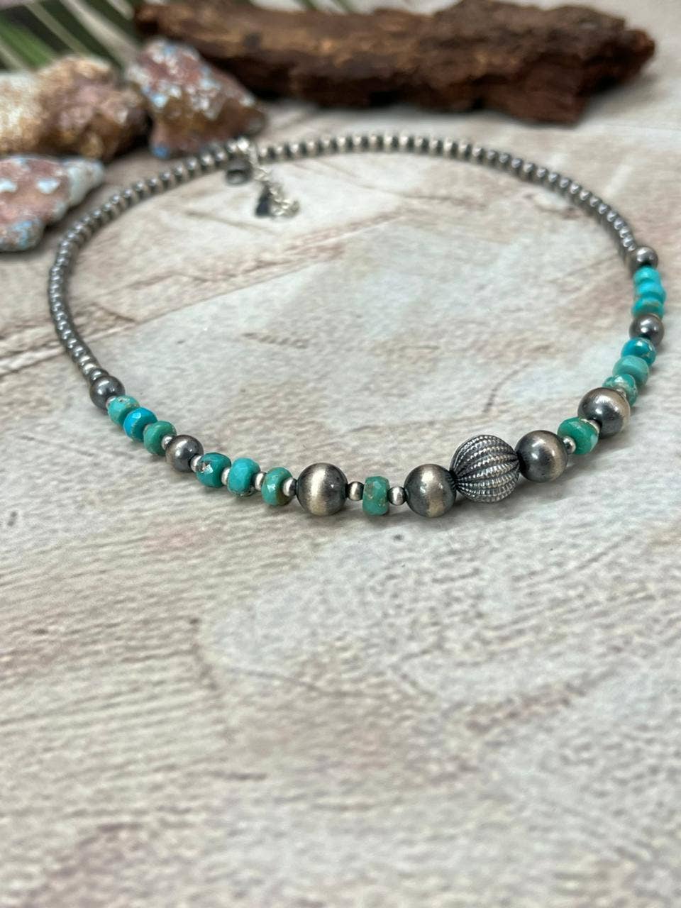 Handmade Sterling Silver with Kingman Turquoise Necklace with Signed Nizhoni