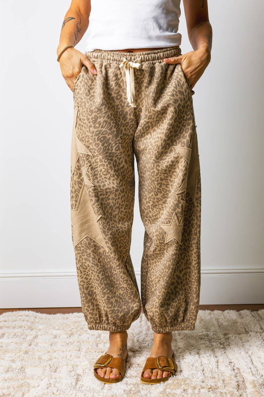 Western Leopard Star Patched Drawstring Jogger Pants