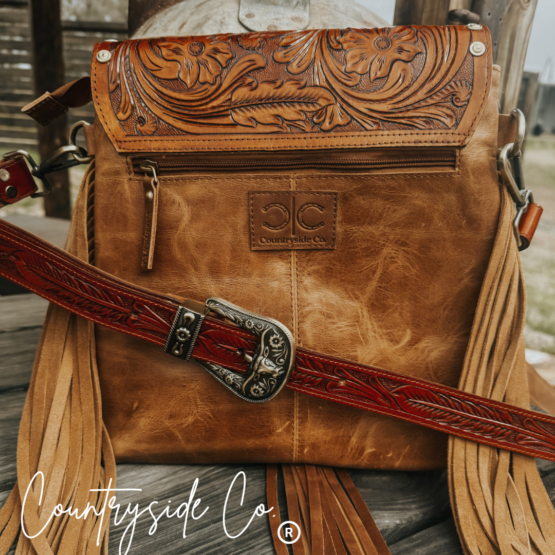 Handmade Tooled Leather Crossbody Purse Bag