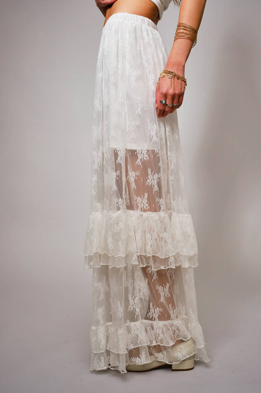 37108S - Sheer Lace Tiered Maxi Skirt: OFF WHITE