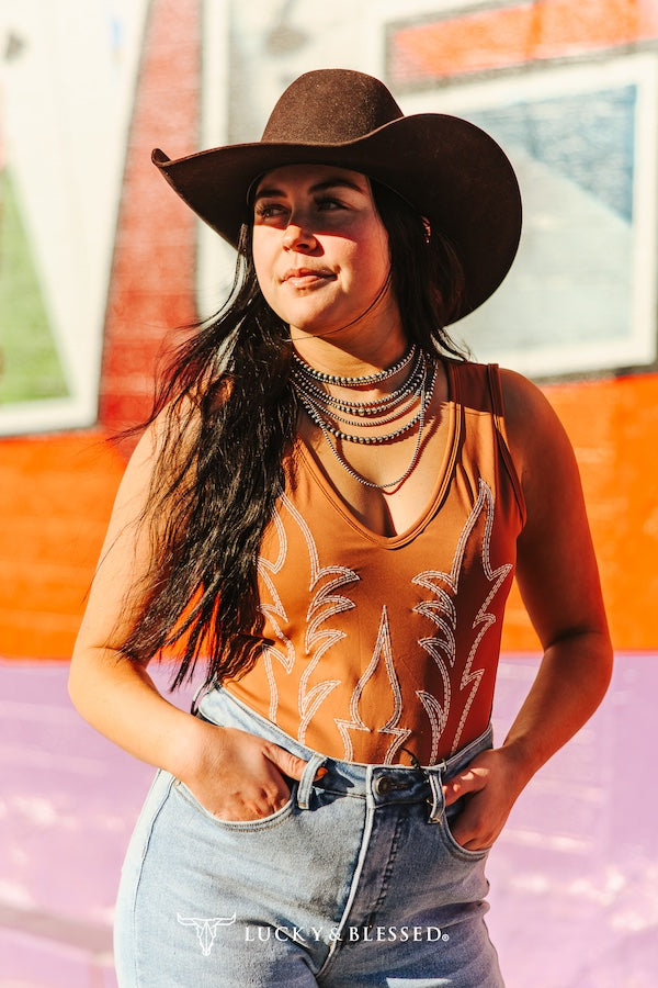 Camel Ivory Boot-stitch Embroidered V Neck Bodysuit